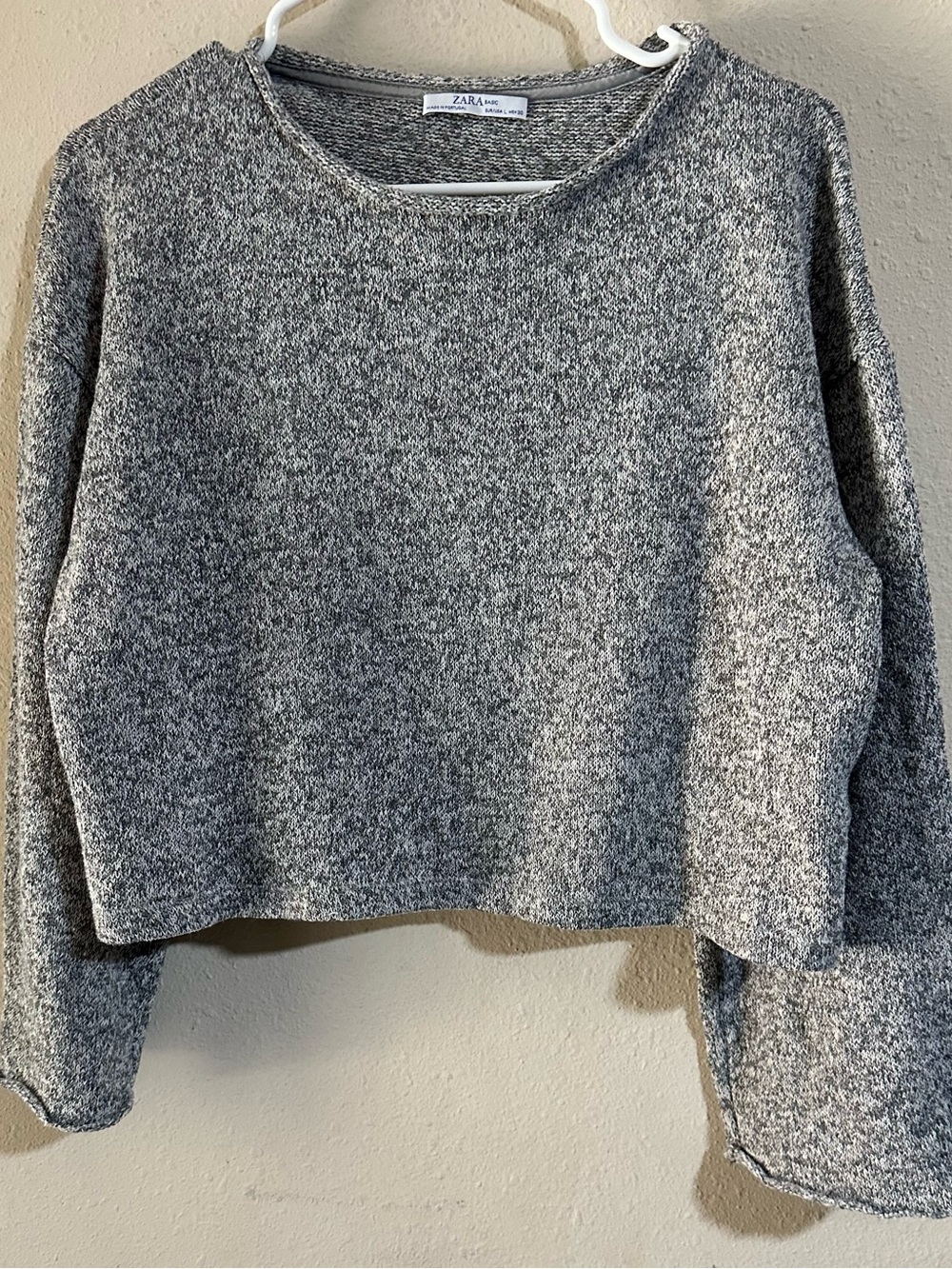 ZARA Basics Marled Gray Crewneck Cropped Sweater with Wide Sleeves